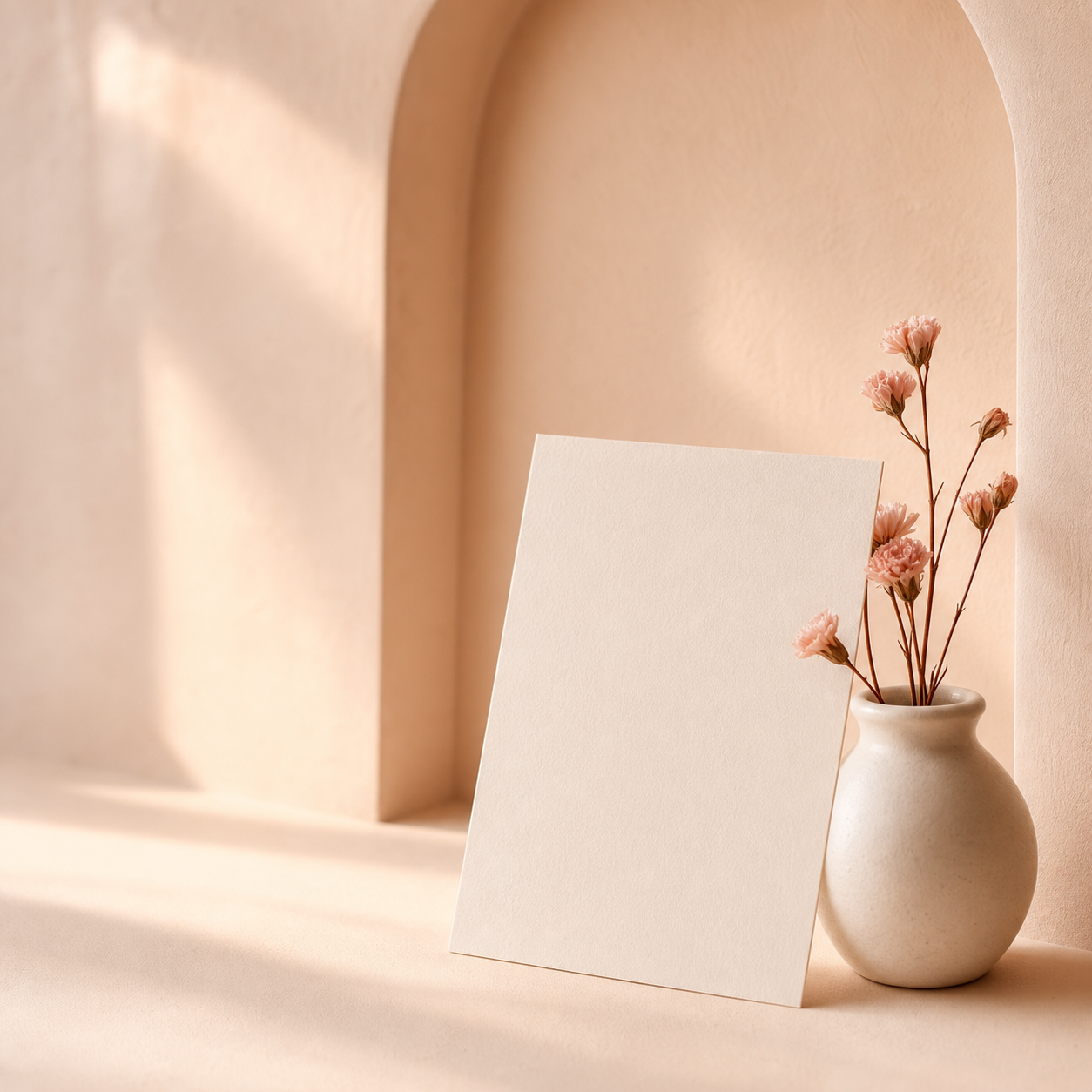 A blank note beside blush flowers and an ivory vase in warm window light