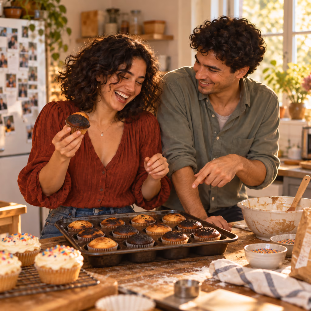 Illustrative photo of adult siblings laughing over a tray of burnt birthday cupcakes.