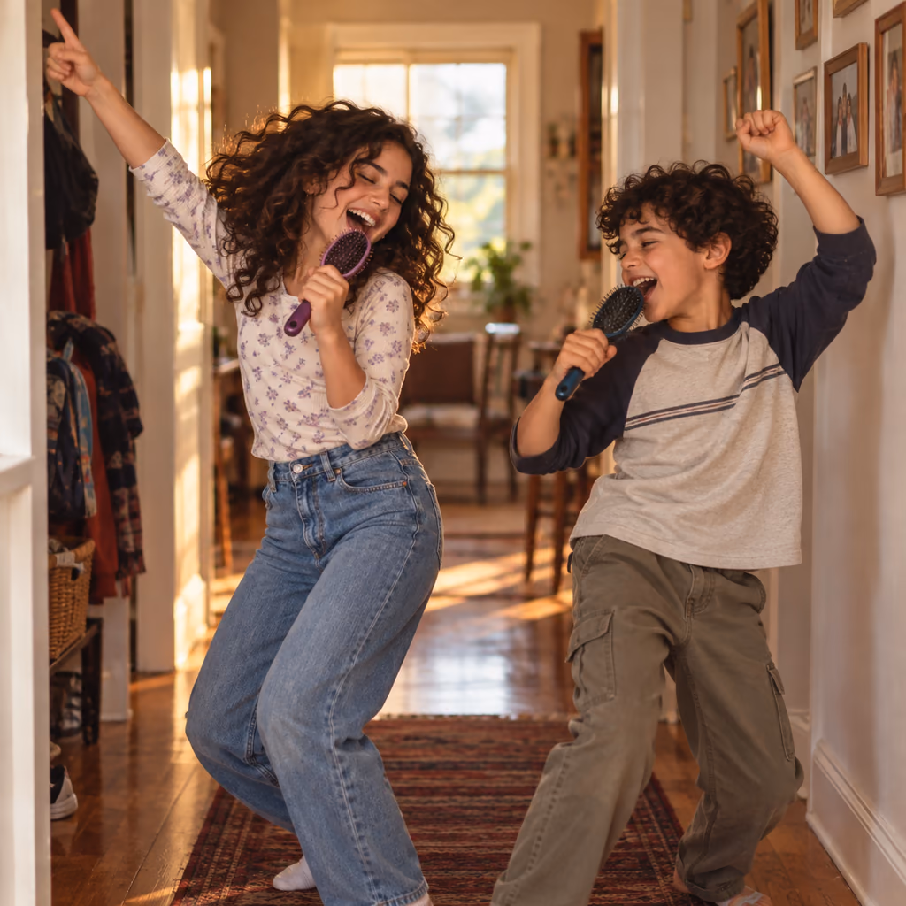 Illustrative photo of a sister and her younger brother singing into hairbrushes in their childhood hallway.