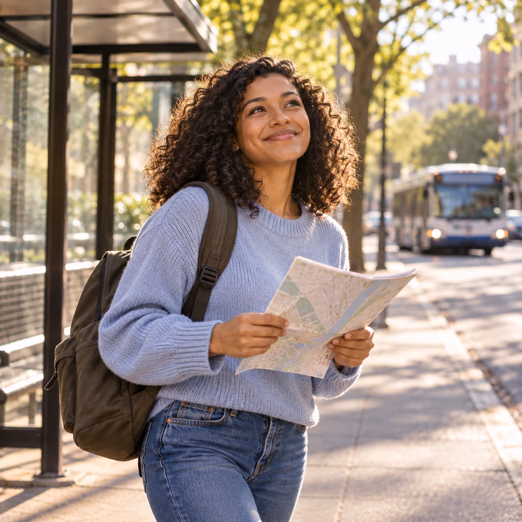 Illustrative photo of a young woman with a route map finding another bus after missing her usual one.