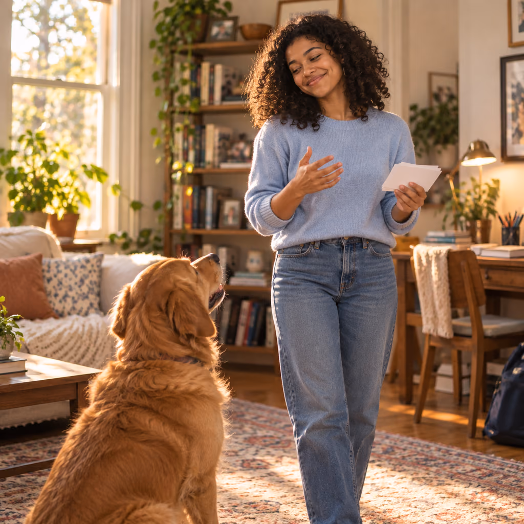 Illustrative photo of a young woman rehearsing a presentation for the family dog.