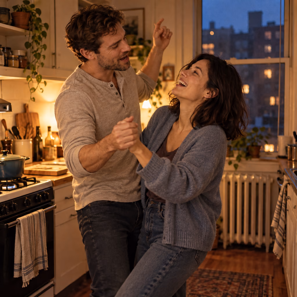 Illustrative photo of a husband and wife dancing beside the stove and radiator in their first apartment.