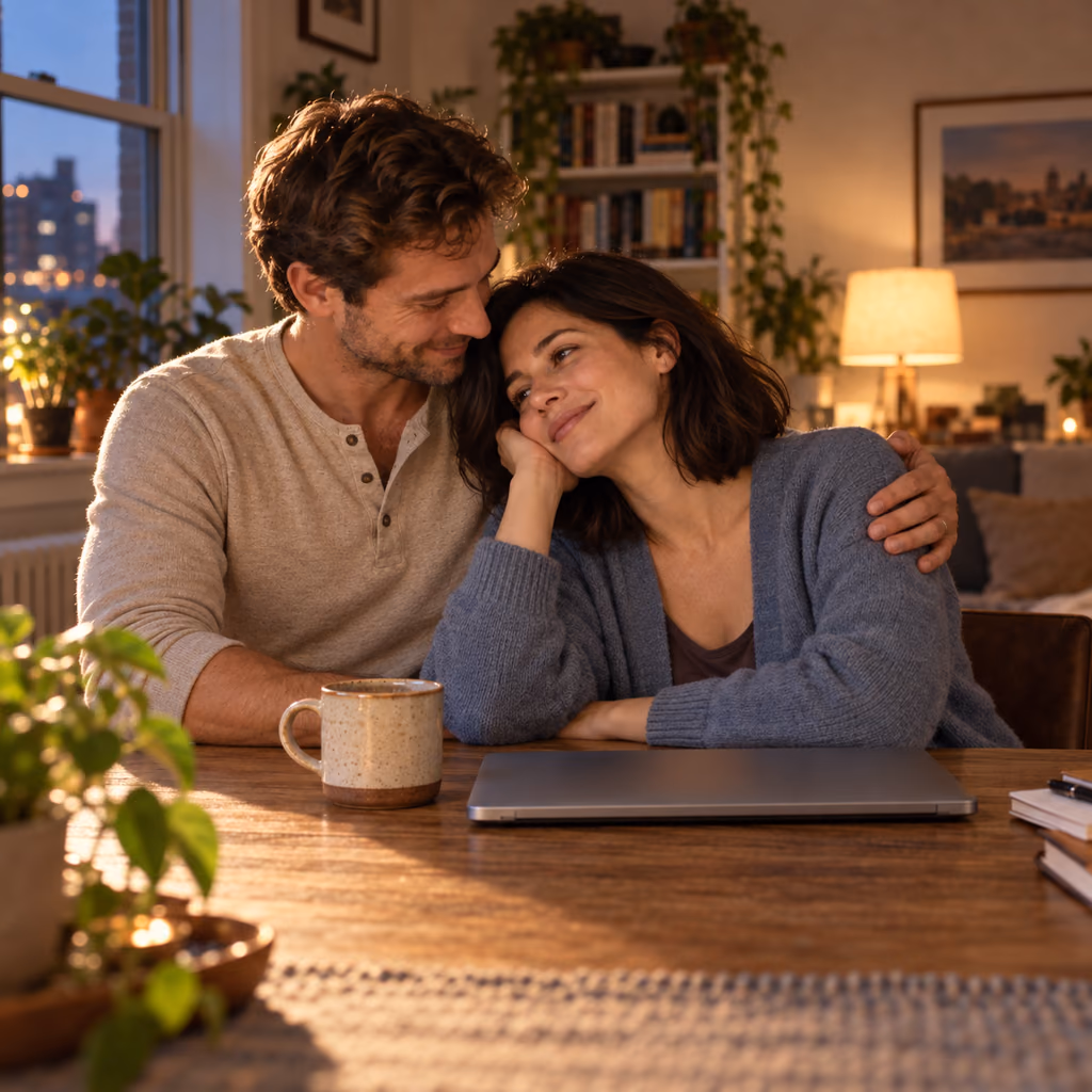 Illustrative photo of a husband comforting his wife at her desk after a long day.