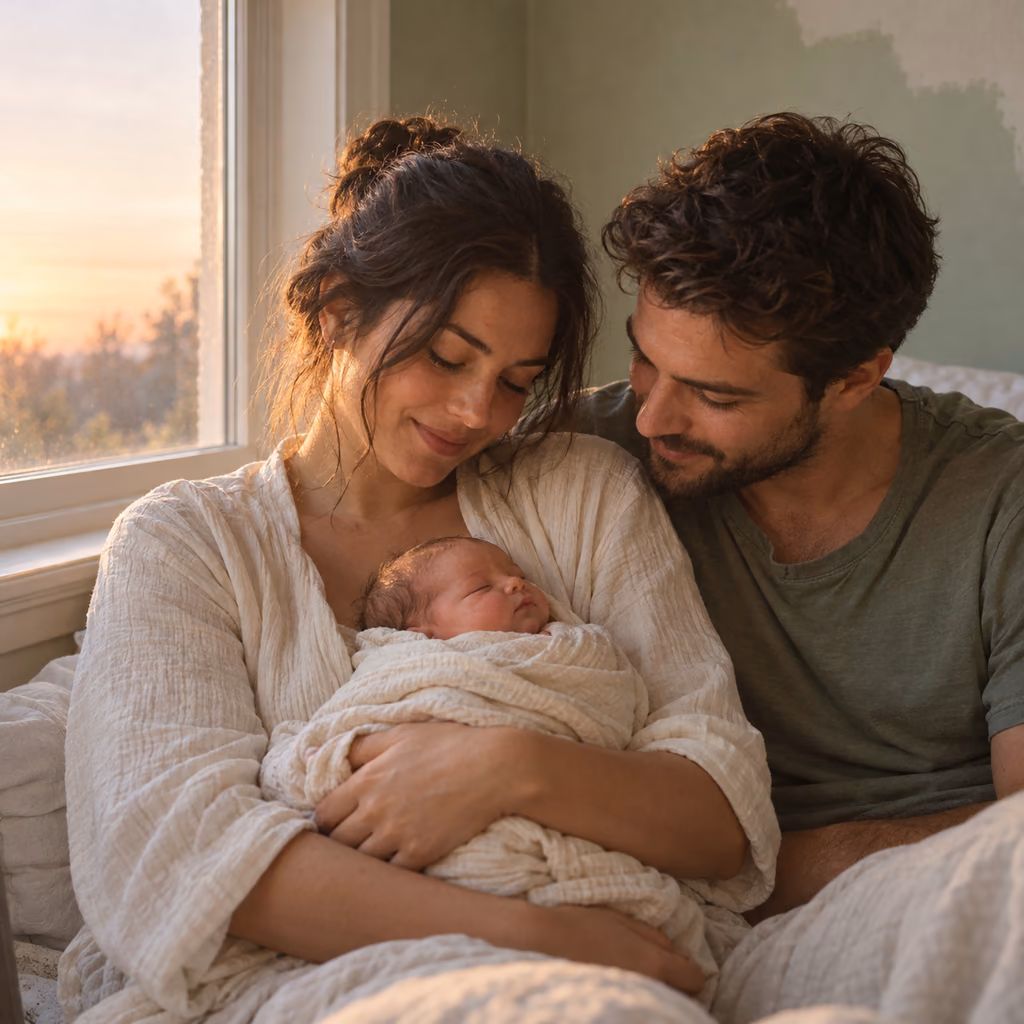 Illustrative photo of new parents cradling their newborn beside a nursery window at sunrise.