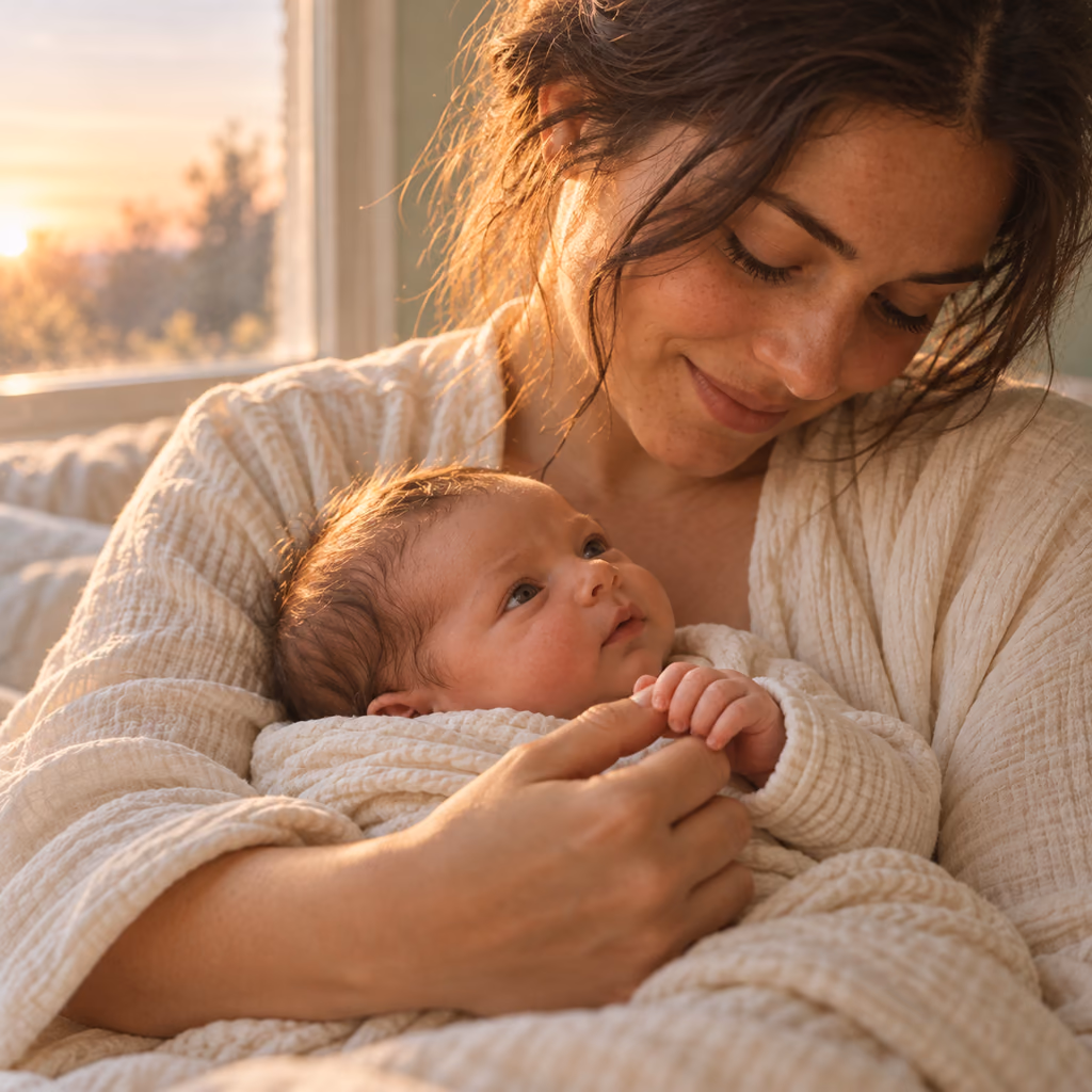Illustrative photo of a newborn holding her mother’s finger in the first morning light.