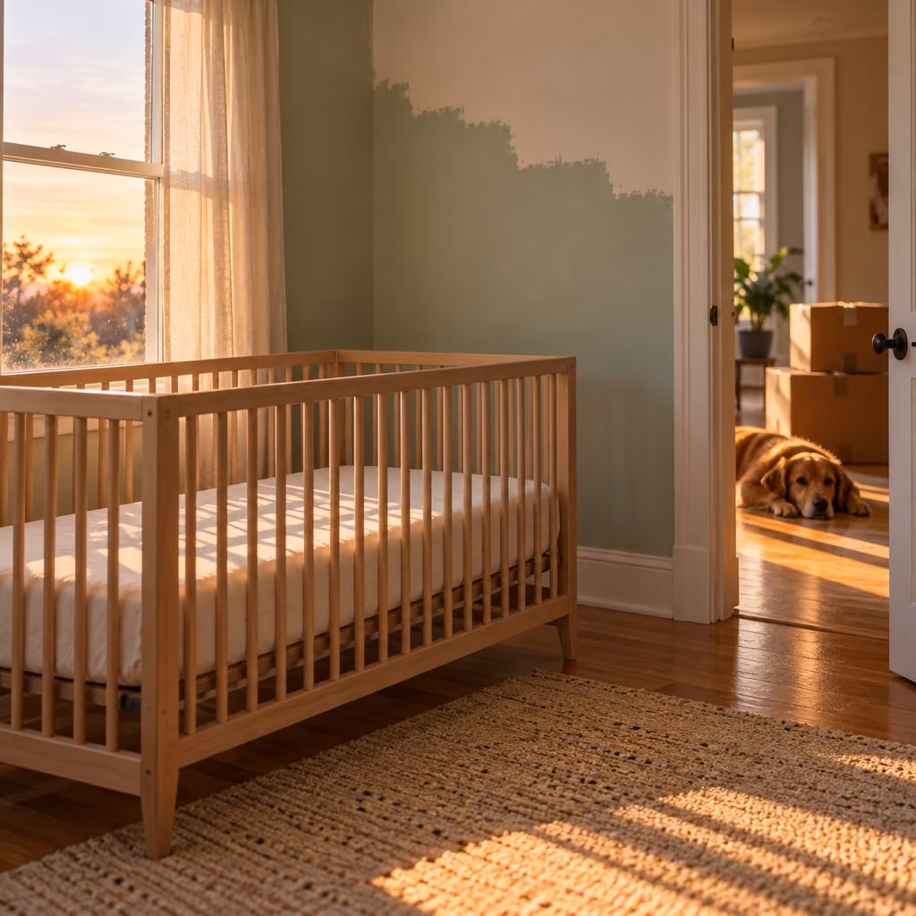 Illustrative photo of a half-painted nursery at dawn with the family dog waiting outside the doorway.