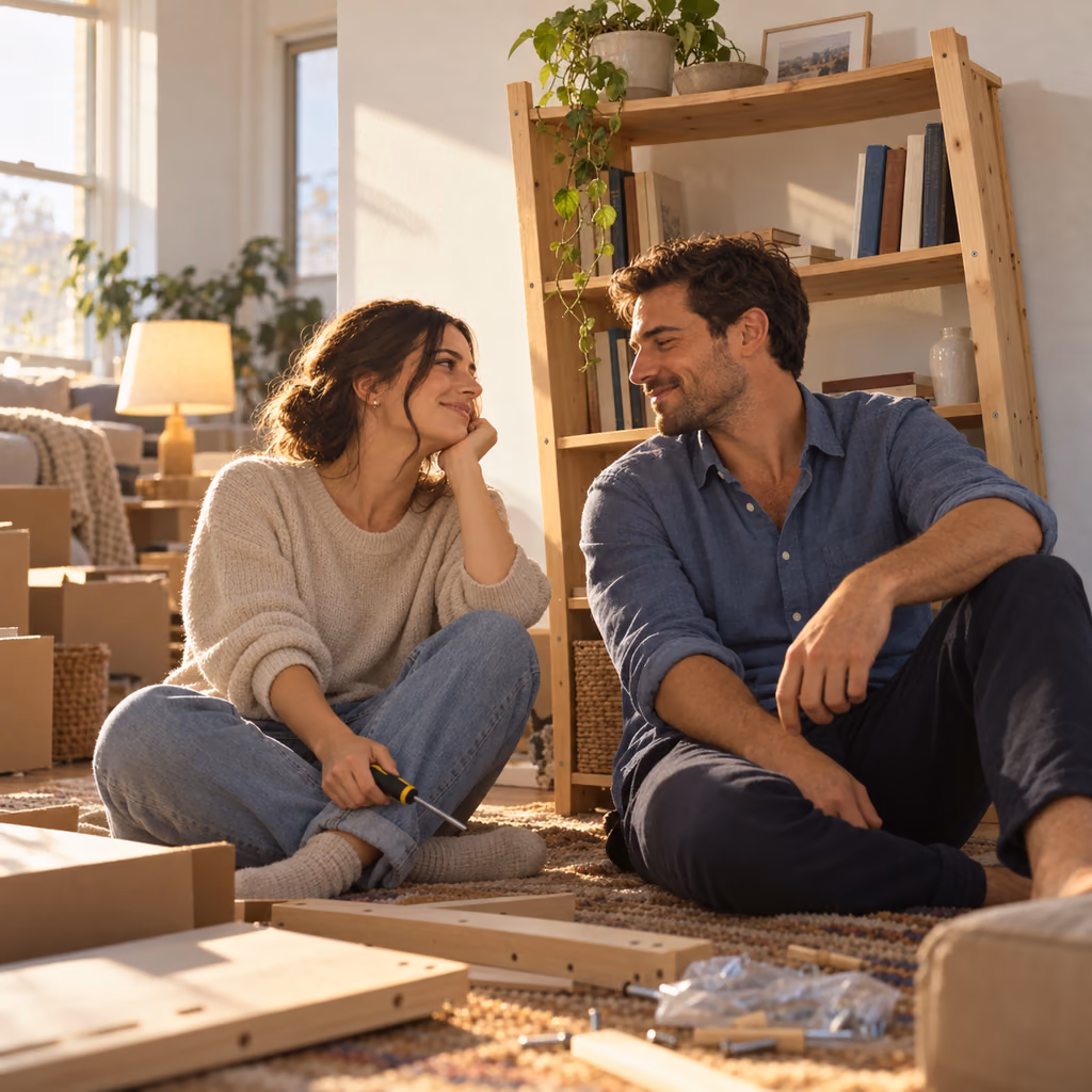 Illustrative photo of a couple beside the slightly crooked bookshelf they assembled in their first apartment.