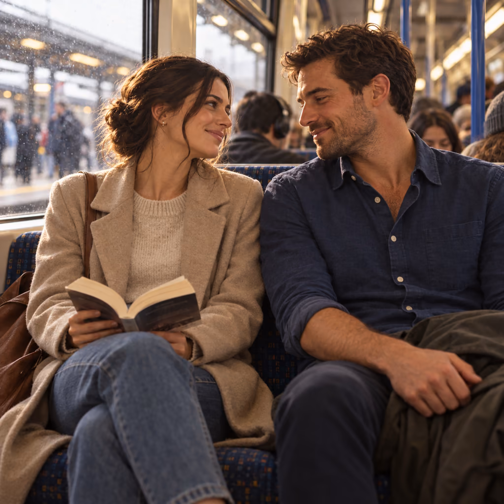 Illustrative photo of a couple meeting beside the last free seat on a commuter train.