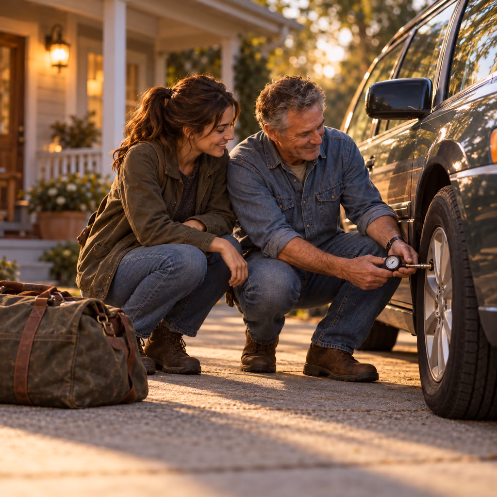 Illustrative photo of a father and his adult daughter checking a car tire before a road trip.