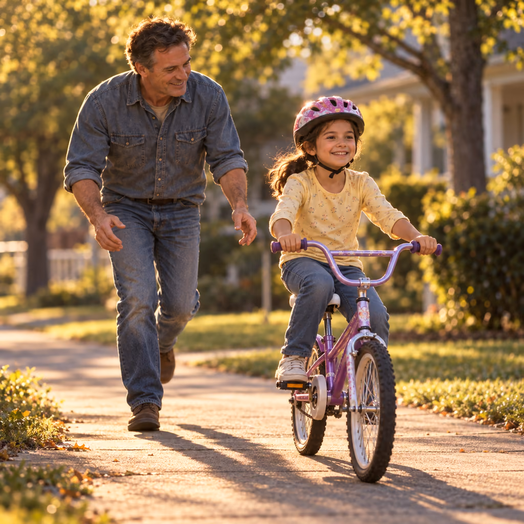 Illustrative photo of a father letting go as his helmeted young daughter learns to ride a bicycle.