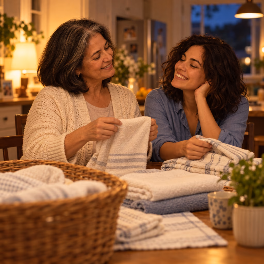 Illustrative photo of a mother and her adult daughter folding laundry together in the evening.