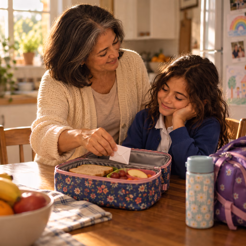 Illustrative photo of a mother slipping a folded note into her young daughter’s school lunchbox.